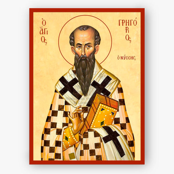 Saint Gregory of Nyssa holding a closed Gospel and wearing vestments with crosses on a beige background with a red border.