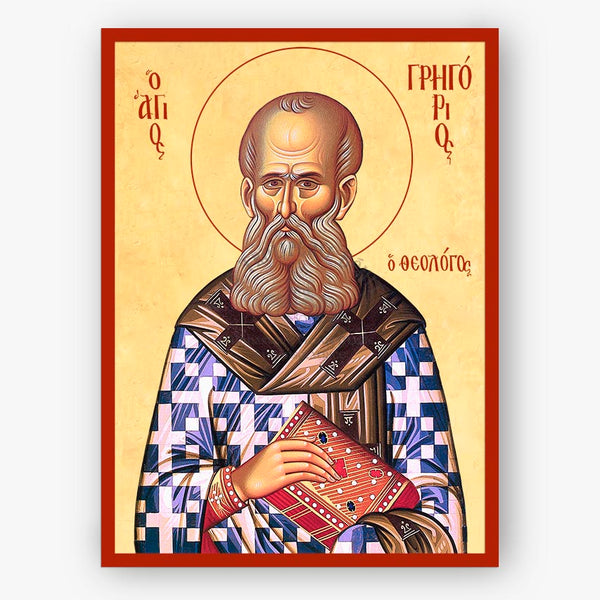 Icon of Saint Gregory the Theologian, holding a book with Greek text above and below on a beige background and a red border.