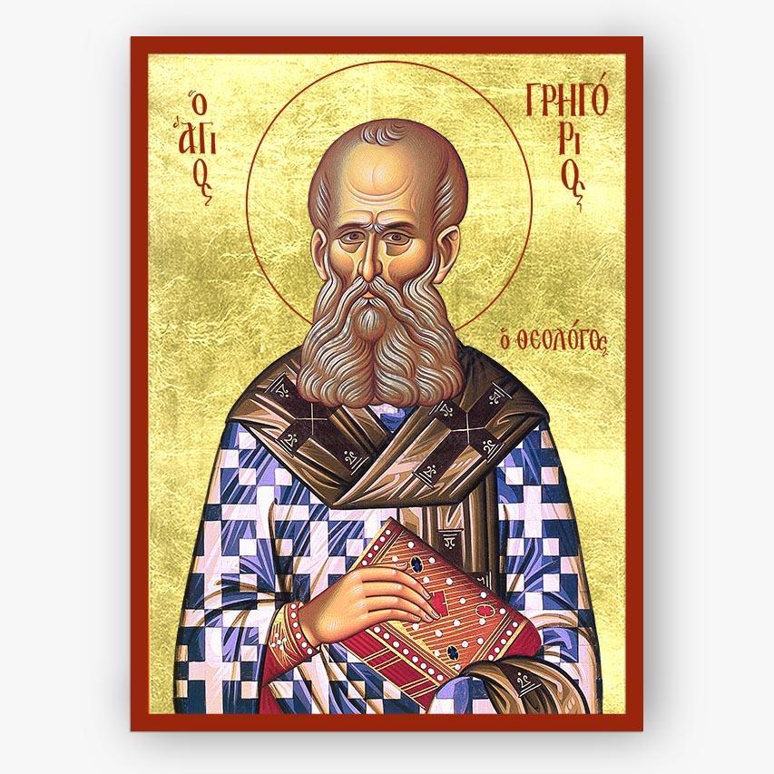 Icon of Saint Gregory the Theologian, holding a book with Greek text above and below on a gold background and a red border.