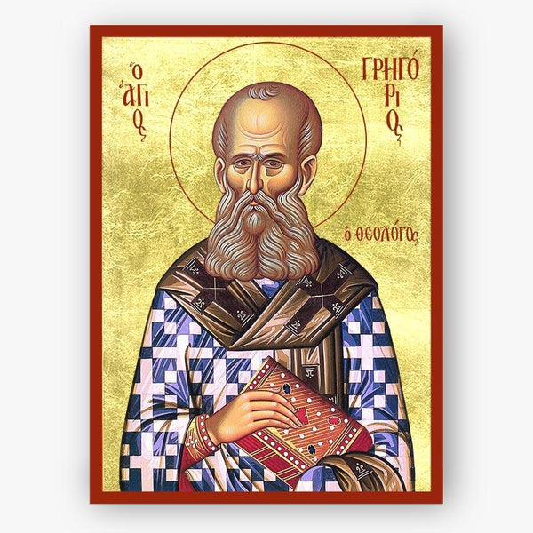 Icon of Saint Gregory the Theologian, holding a book with Greek text above and below on a gold background and a red border.