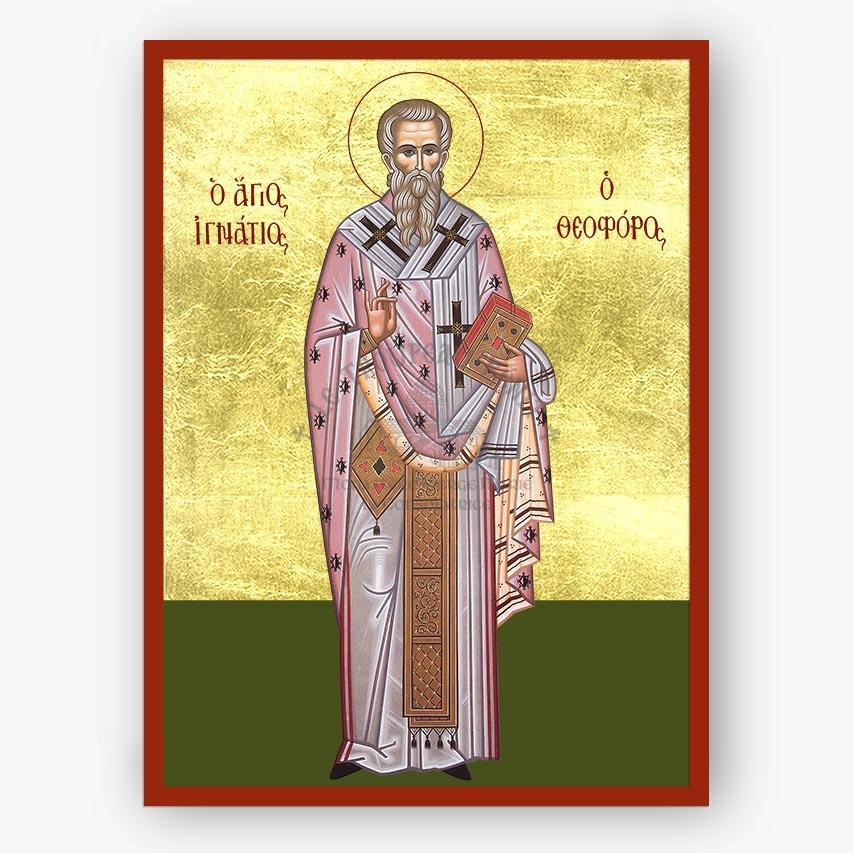 Icon of Saint  Ignatios, the God-Bearer of Antioch with gold background and red border