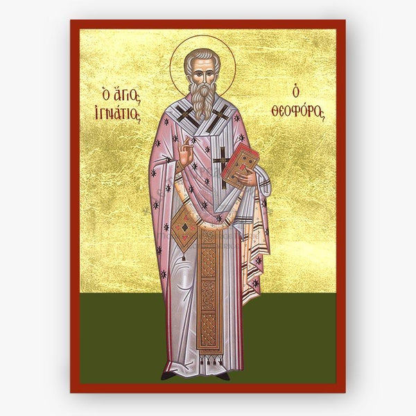 Icon of Saint  Ignatios, the God-Bearer of Antioch with gold background and red border