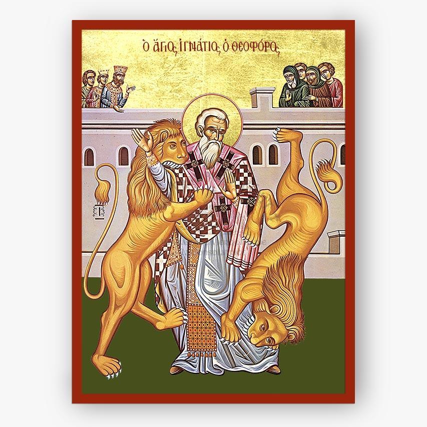 Icon of Saint Ignatios the God-Bearer being attacked by two lions with a red border