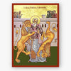 Icon of Saint Ignatios the God-Bearer being attacked by two lions with a red border