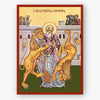 Icon of Saint Ignatios the God-Bearer being attacked by two lions with a red border