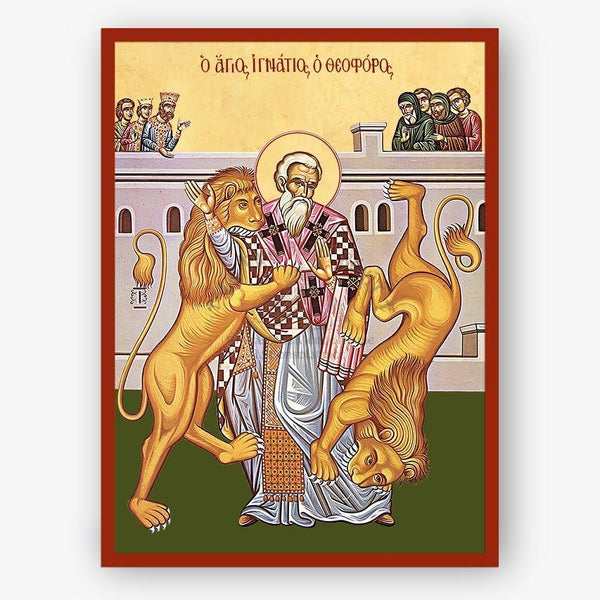 Icon of Saint Ignatios the God-Bearer being attacked by two lions with a red border