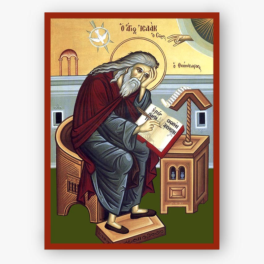 Saint Isaac the Syrian bent over writing a book on a beige background with a red border