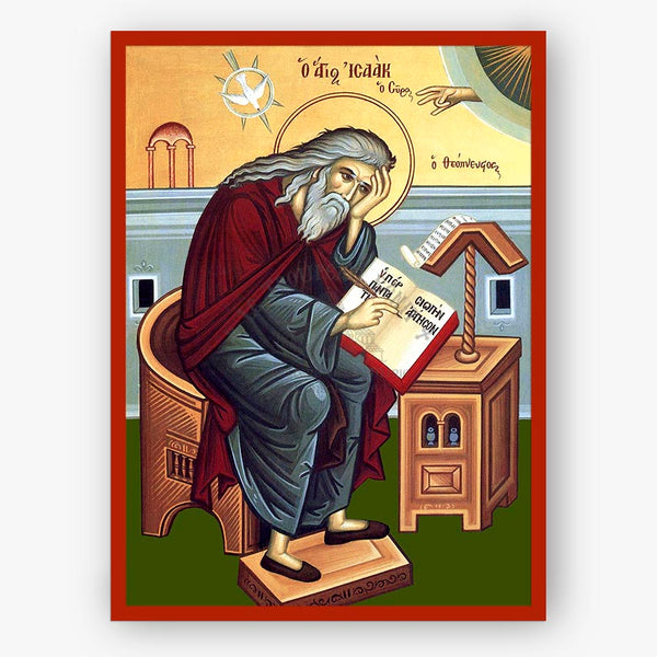 Saint Isaac the Syrian bent over writing a book on a beige background with a red border