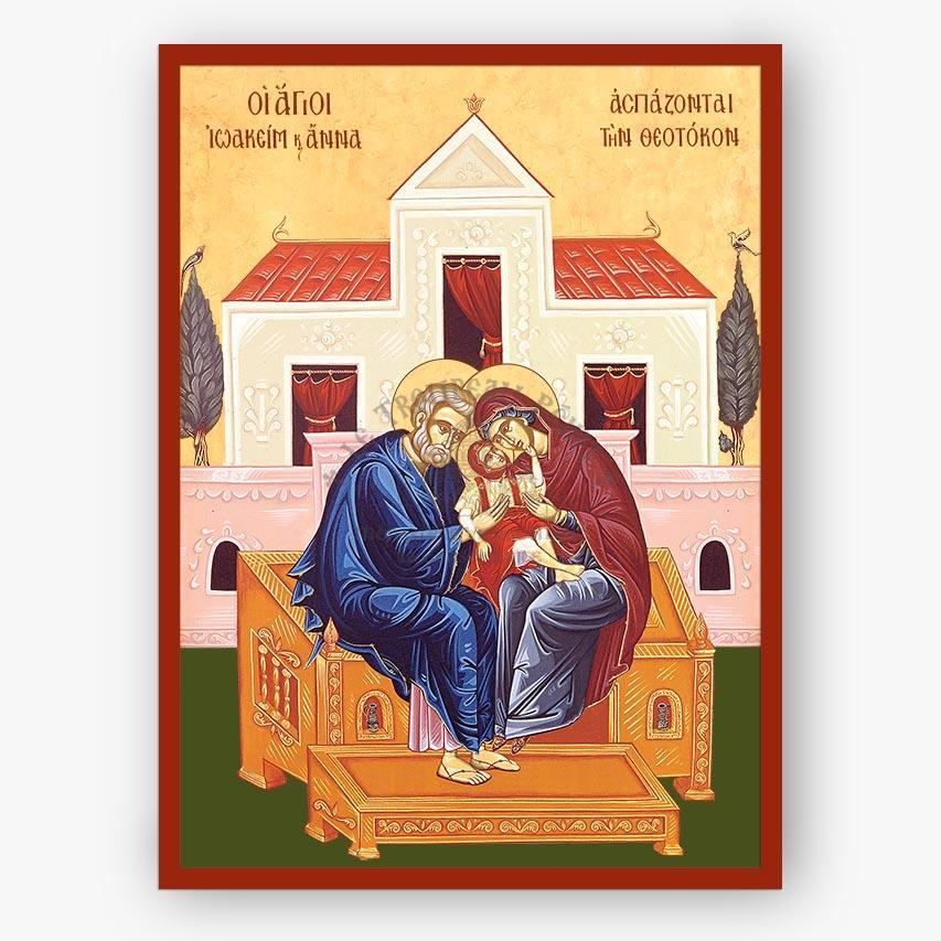 Icon of a couple sitting on a bench with architectural background