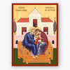 Icon of a couple sitting on a bench with architectural background