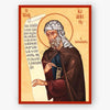 Icon of St. John Damascene holding a scroll with text and a staff, on a beige background.