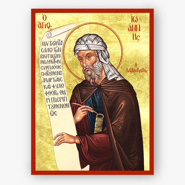 Icon of St. John Damascene holding a scroll with text and a staff, on a gold background.