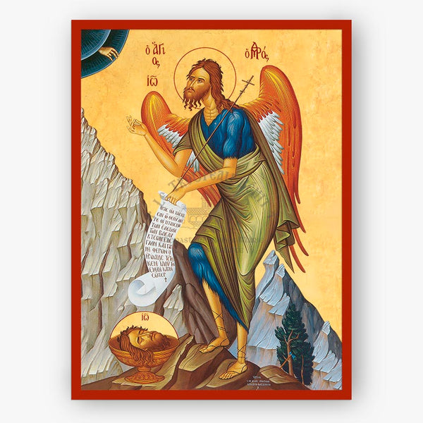Icon of St. John the Baptist holding a scroll with mountains and celestial elements in the background