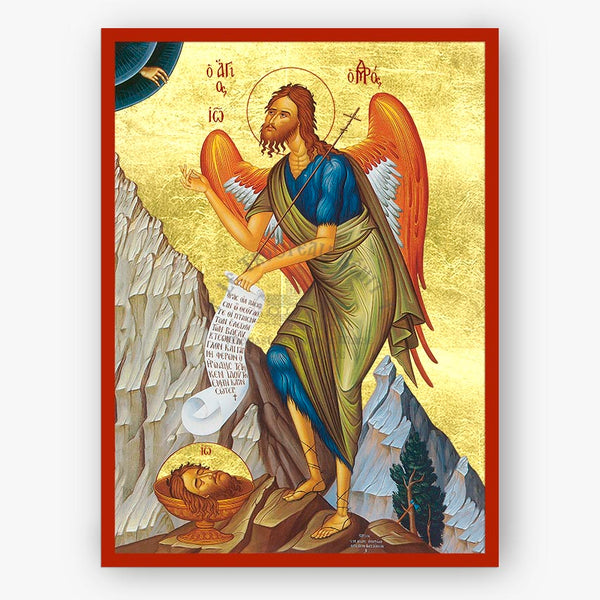 Icon of St. John the Baptist holding a scroll with mountains and celestial elements in the background