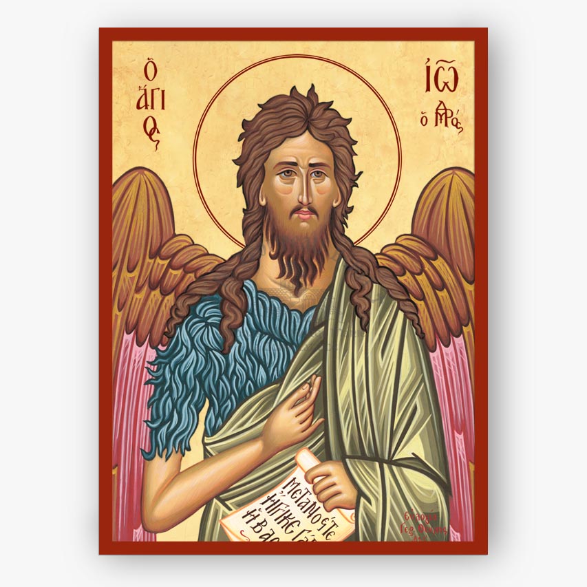 Icon of Saint John the Baptist with wings and a red border on a beige background