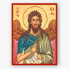 Icon of Saint John the Baptist with wings and a red border on a beige background
