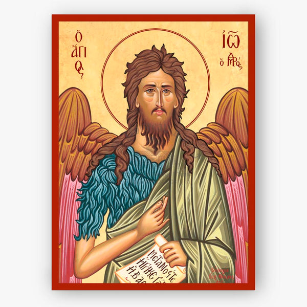 Icon of Saint John the Baptist with wings and a red border on a beige background