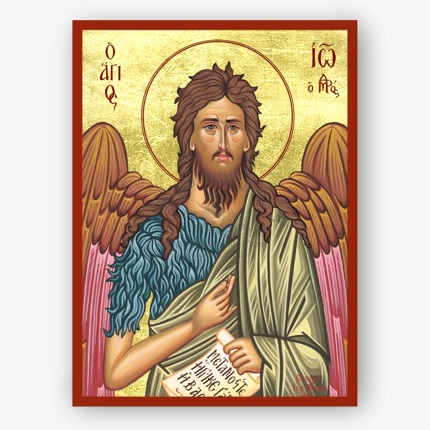 Icon of Saint John the Baptist with wings and a red border on a gold background