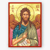 Icon of Saint John the Baptist with wings and a red border on a gold background