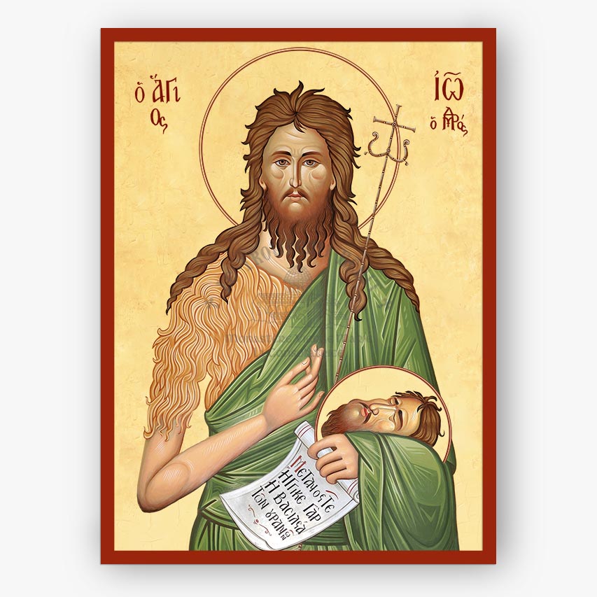 Saint John the Baptist and Forerunner of Christ, holding a cross and his head on a beige background