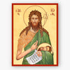 Saint John the Baptist and Forerunner of Christ, holding a cross and his head on a beige background