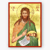 Saint John the Baptist and Forerunner of Christ, holding a cross and his head on a gold background