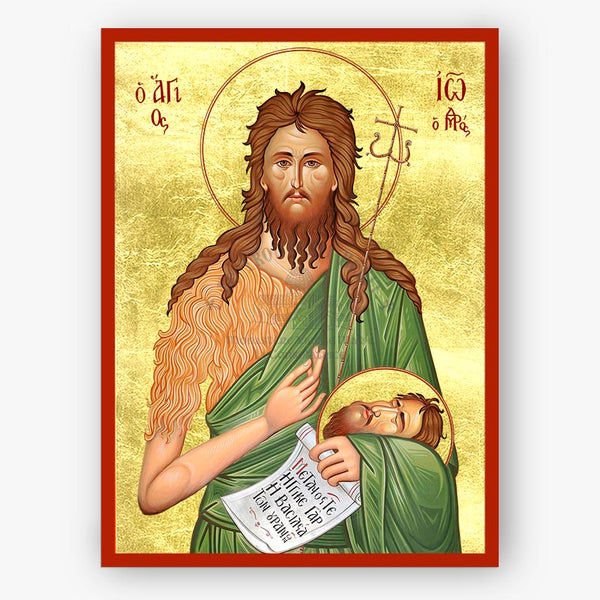 Saint John the Baptist and Forerunner of Christ, holding a cross and his head on a gold background