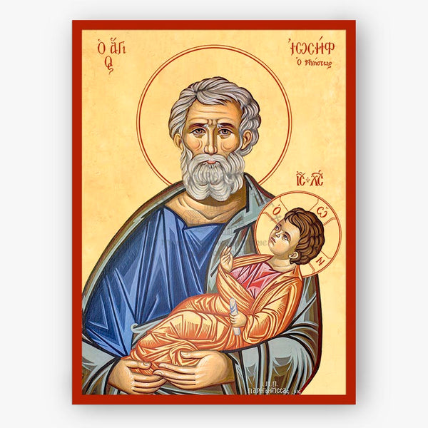 Icon of Saint Joseph the Betrothed holding a Christ  with religious symbols and text on a beige background