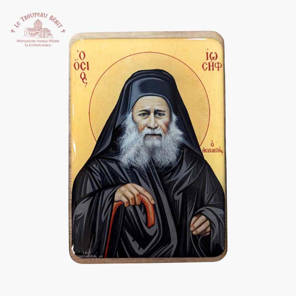 Icon of a religious figure with a white background  with 'Troupeau Benit' logo branding