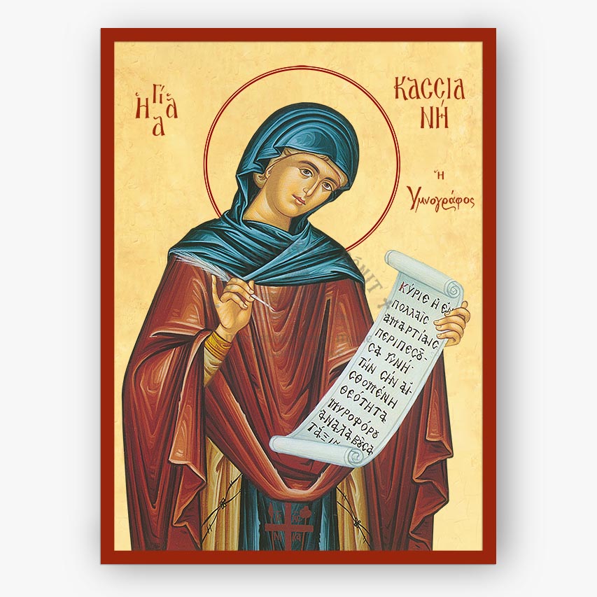 Saint Kassiane of Constantinople, holding a scroll on a beige background with a red border.