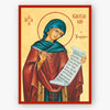 Saint Kassiane of Constantinople, holding a scroll on a beige background with a red border.
