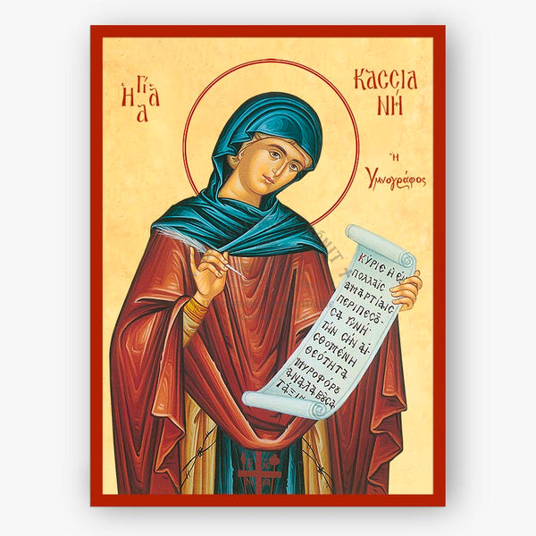 Saint Kassiane of Constantinople, holding a scroll on a beige background with a red border.