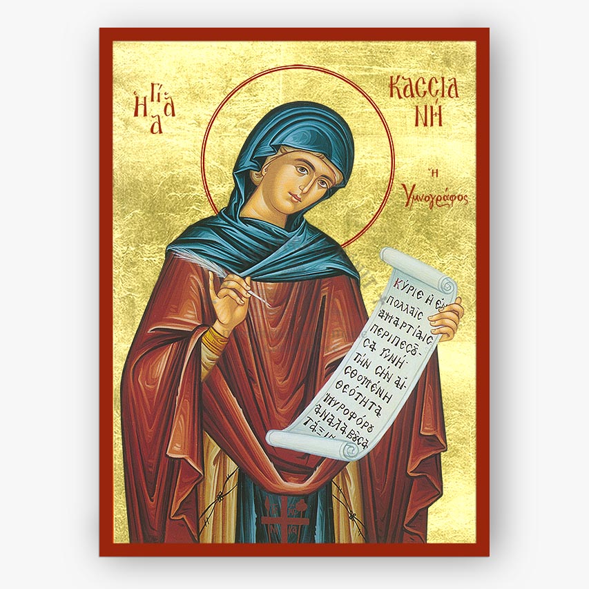 Saint Kassiane of Constantinople, holding a scroll on a gold background with a red border.