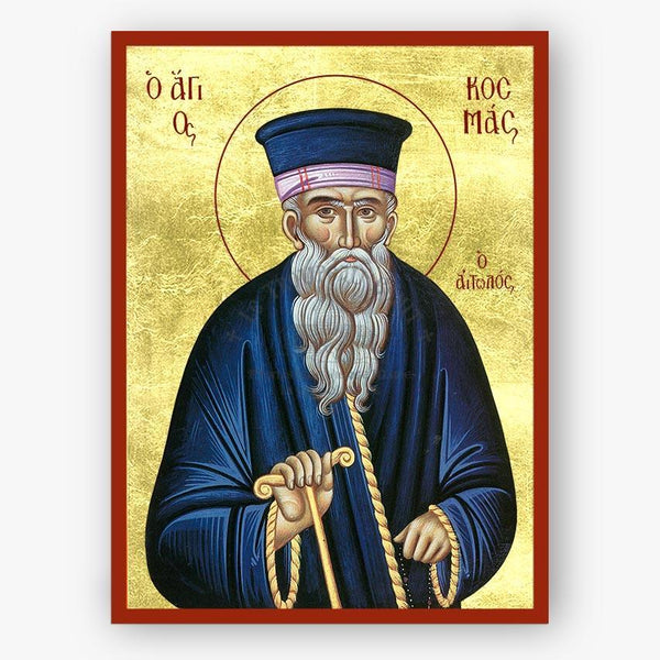 Icon of Saint Kosmas the Aetolian with a blue robe and white beard on a gold background