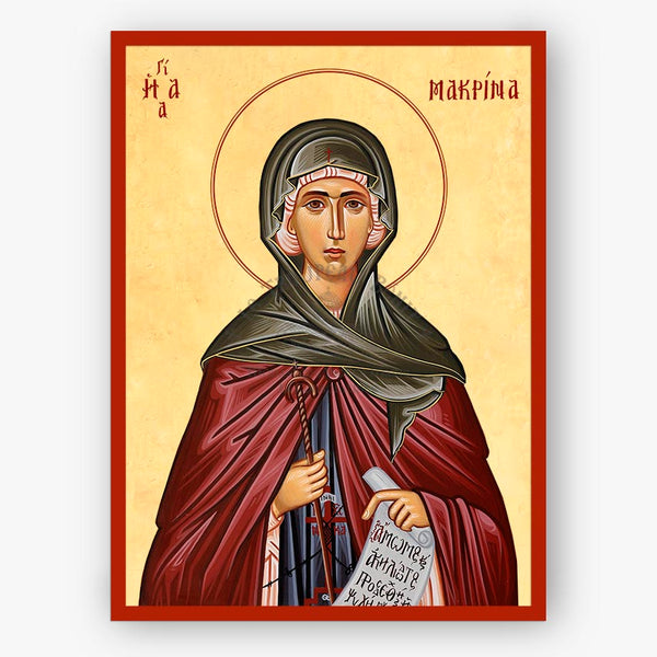 Icon of Saint Macrina, sister of Saint Basil the Great, with a red border and gold background