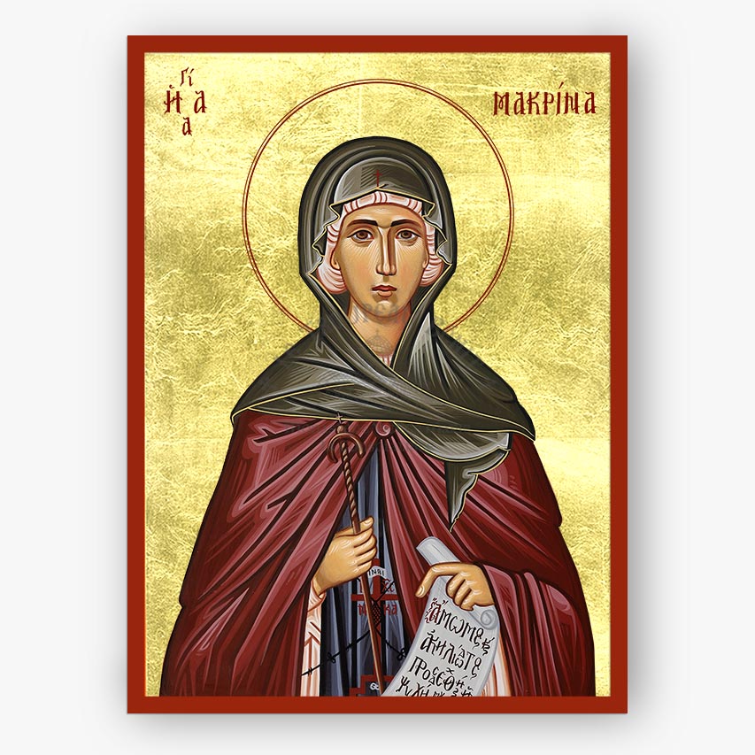 Icon of Saint Macrina, sister of Saint Basil the Great, with a red border and gold background