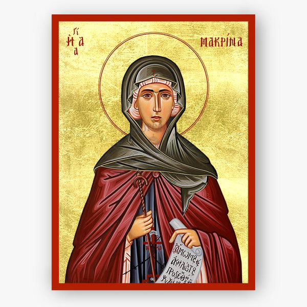 Icon of Saint Macrina, sister of Saint Basil the Great, with a red border and gold background