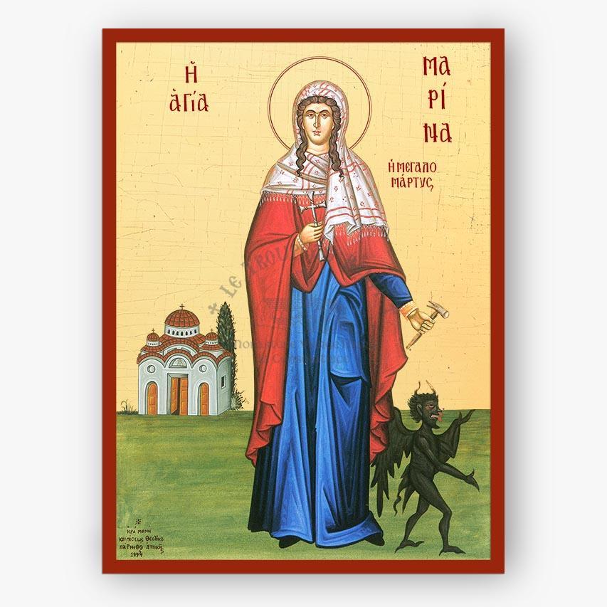 Icon of Saint Marina the great martyr and vanquisher of demons with a red and blue robe, holding a staff, on a beige background with a small church and devil figure.