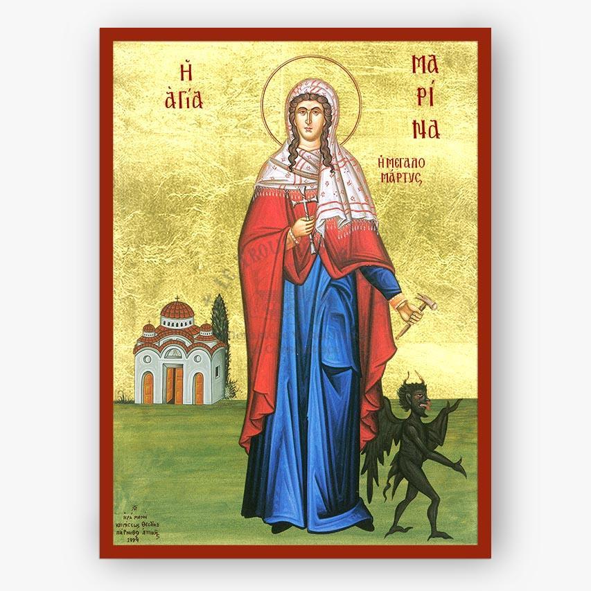 Icon of Saint Marina the great martyr and vanquisher of demons with a red and blue robe, holding a staff, with a gold background and a small church in the distance.