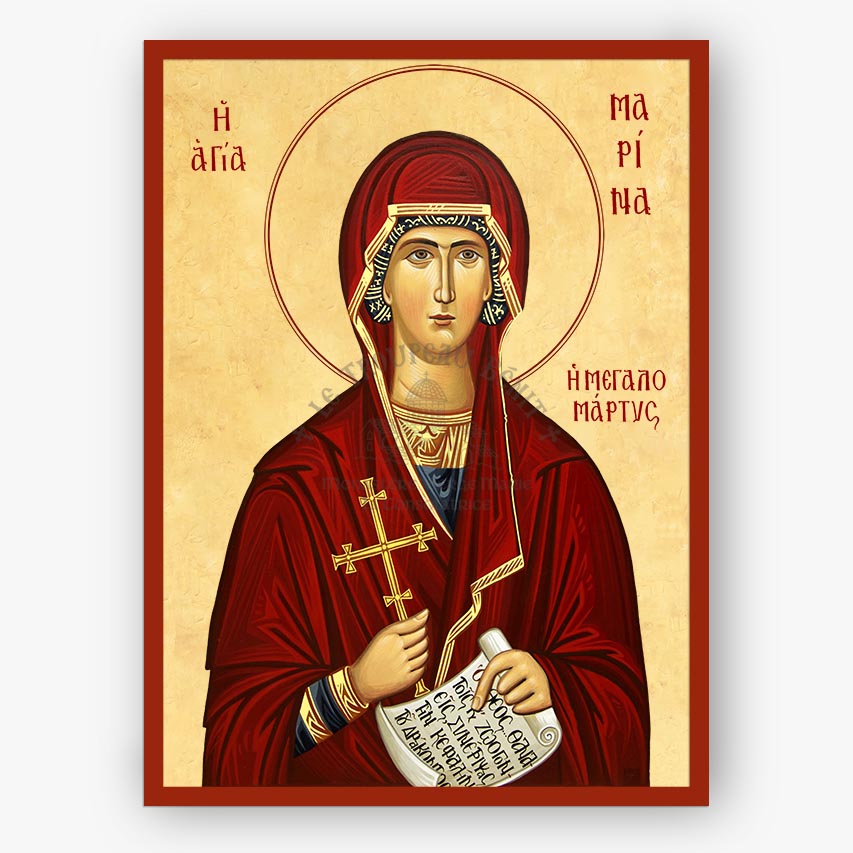Icon of Saint Marina the great martyr and vanquisher of demons with a red  robe, holding a cross and a scroll on a beige background and red border.