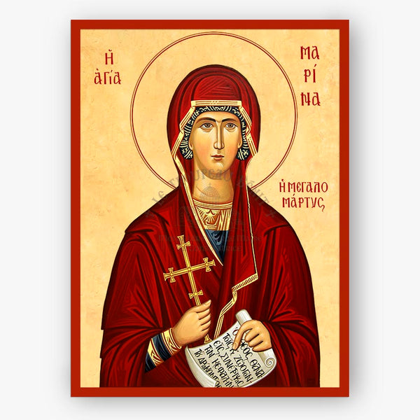 Icon of Saint Marina the great martyr and vanquisher of demons with a red  robe, holding a cross and a scroll on a beige background and red border.