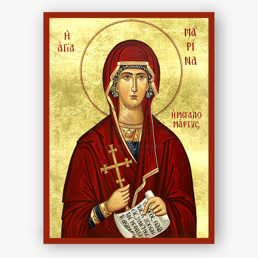 Icon of Saint Marina the great martyr and vanquisher of demons with a red  robe, holding a cross and a scroll on a gold background and red border.