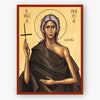 Saint Mary of Egypt holding a cross on a beige background with a red border