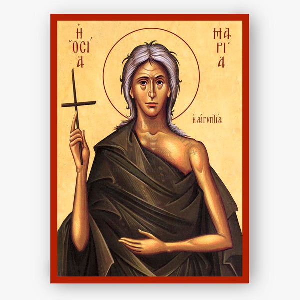 Saint Mary of Egypt holding a cross on a beige background with a red border