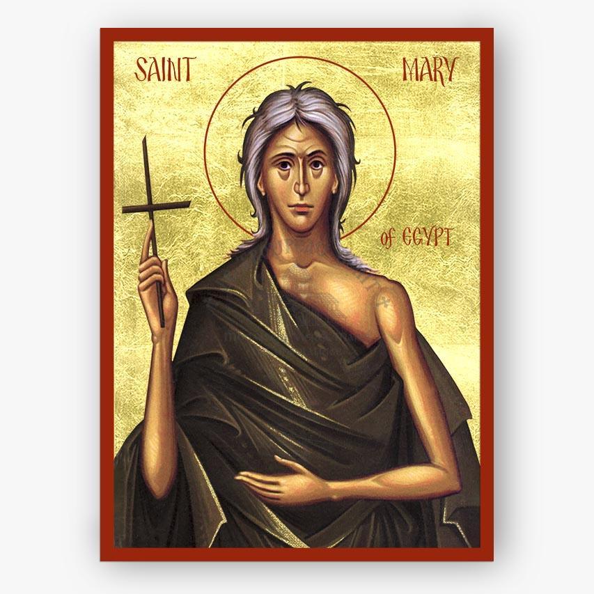 Saint Mary of Egypt holding a cross on a gold background with a red border