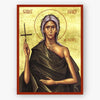 Saint Mary of Egypt holding a cross on a gold background with a red border