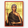 Saint Mary of Egypt holding a cross on a gold background with a red border