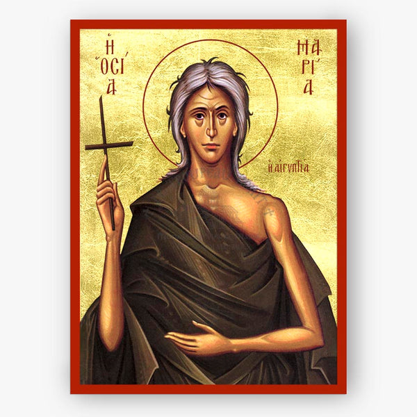 Saint Mary of Egypt holding a cross on a gold background with a red border