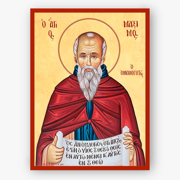 Icon of Saint Maximus the confessor,  with a red robe and white beard, holding a scroll with text in Greek.