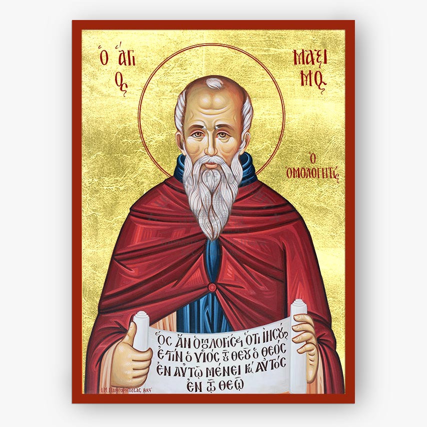 Icon of Saint Maximus the confessor,  with a red robe and white beard on a gold background